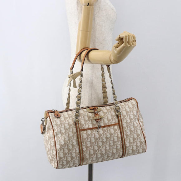 Christian Dior Trotter Canvas Romantic Chain Bag PVC Beige Silver Auth 156248