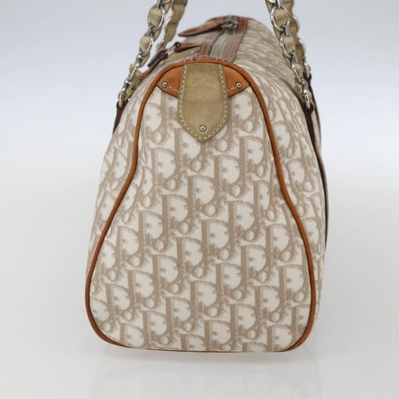Christian Dior Trotter Canvas Romantic Chain Bag PVC Beige Silver Auth 156248