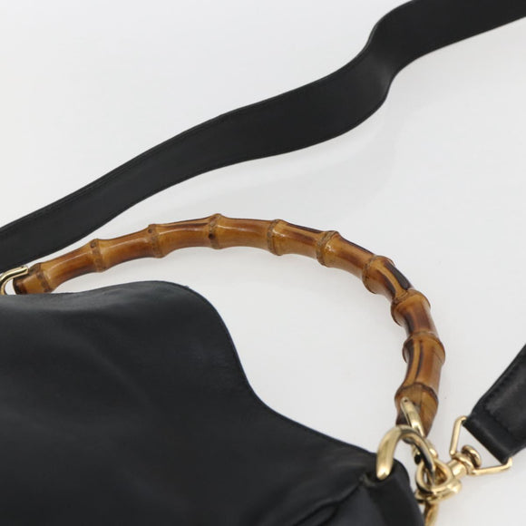 GUCCI Bamboo Hand Bag Leather 2way Black Gold 001 1633 Auth 156256