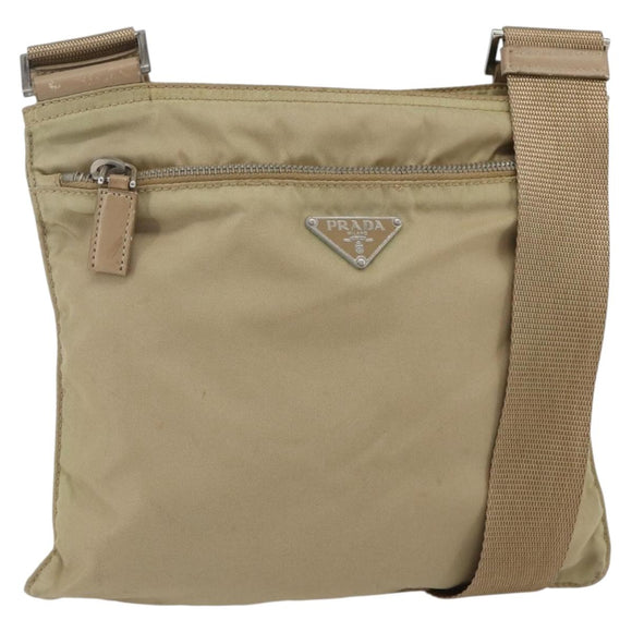 PRADA Shoulder Bag Nylon Beige Silver Auth 156267
