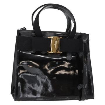 Salvatore Ferragamo Vala Hand Bag Enamel 2way Black Gold Auth 156283