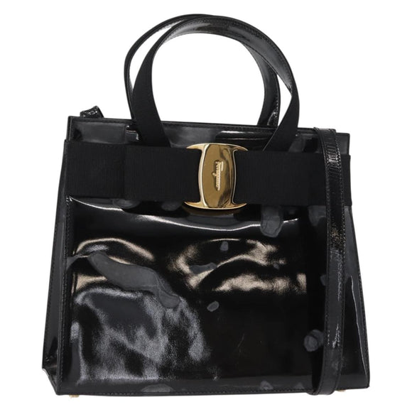 Salvatore Ferragamo Vala Hand Bag Enamel 2way Black Gold Auth 156283