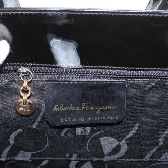 Salvatore Ferragamo Vala Hand Bag Enamel 2way Black Gold Auth 156283
