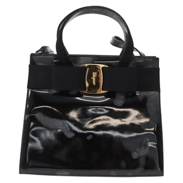 Salvatore Ferragamo Vala Hand Bag Enamel 2way Black Gold Auth 156283 - 0