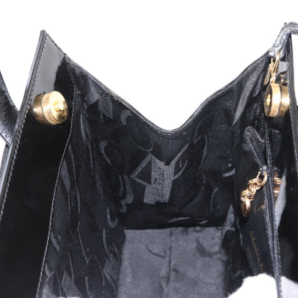 Salvatore Ferragamo Vala Hand Bag Enamel 2way Black Gold Auth 156283
