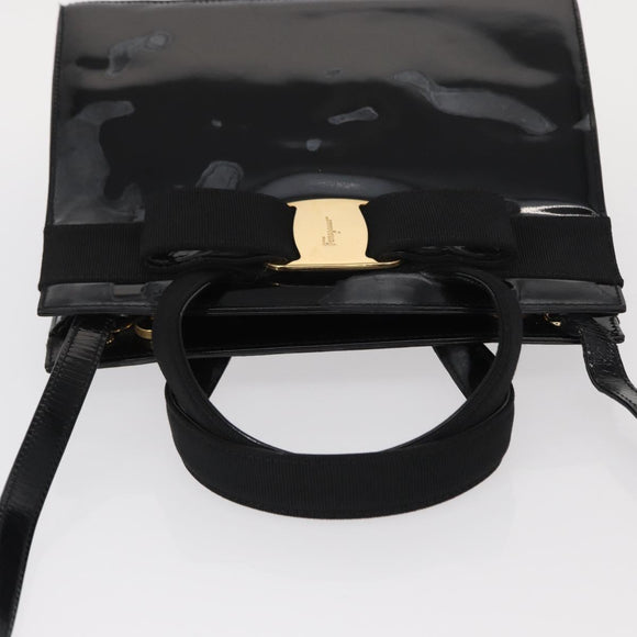 Salvatore Ferragamo Vala Hand Bag Enamel 2way Black Gold Auth 156283
