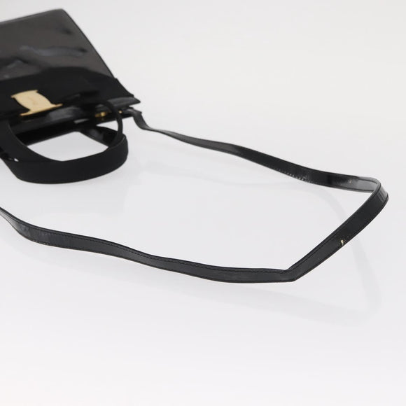 Salvatore Ferragamo Vala Hand Bag Enamel 2way Black Gold Auth 156283