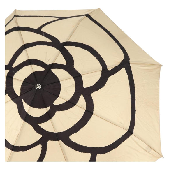 CHANEL Camelia Folding Umbrella Polyester Gold CC Auth 156295