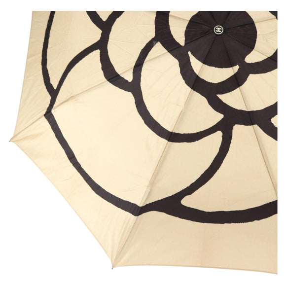 CHANEL Camelia Folding Umbrella Polyester Gold CC Auth 156295