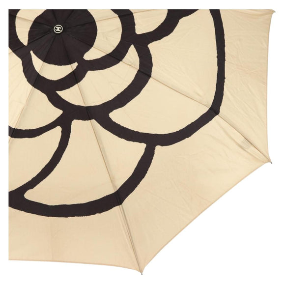 CHANEL Camelia Folding Umbrella Polyester Gold CC Auth 156295