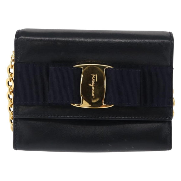 Salvatore Ferragamo Shoulder Bag Leather Navy Gold Auth 156321
