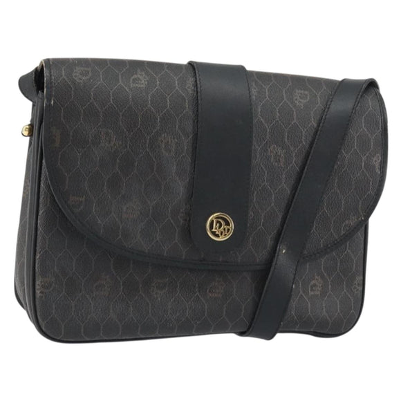 Christian Dior Honeycomb Canvas Shoulder Bag PVC Black Gold Auth 156324