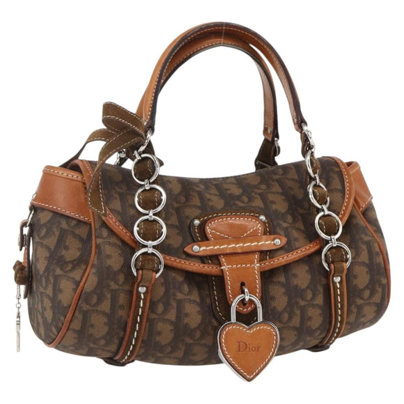 Christian Dior Romantic Trotter Canvas Hand Bag PVC Brown Silver Auth 156325A