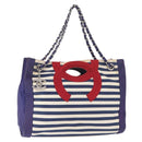 CHANEL Cruise Line Marine border Tote Bag Canvas Navy Silver CC Auth 156335-1