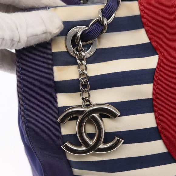 CHANEL Cruise Line Marine border Tote Bag Canvas Navy Silver CC Auth 156335