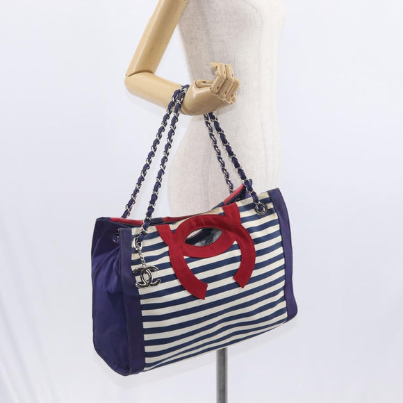 CHANEL Cruise Line Marine border Tote Bag Canvas Navy Silver CC Auth 156335