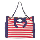 CHANEL Cruise Line Marine border Tote Bag Canvas Navy Silver CC Auth 156335-2