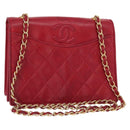 CHANEL Matelasse Chain Shoulder Bag Lamb Skin Red Gold CC Auth 156350-1