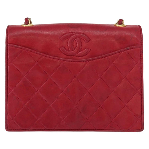 CHANEL Matelasse Chain Shoulder Bag Lamb Skin Red Gold CC Auth 156350