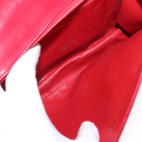 CHANEL Matelasse Chain Shoulder Bag Lamb Skin Red Gold CC Auth 156350