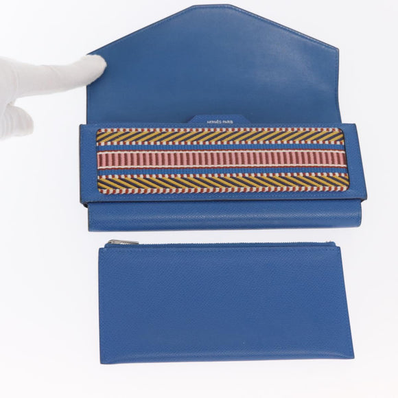 HERMES Passant Long Sangrecaval Long Wallet Leather Blue Auth 156370M