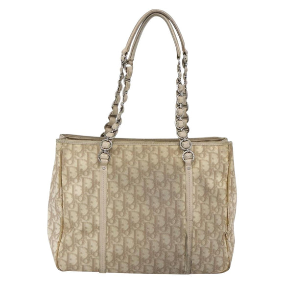 Christian Dior Trotter Canvas Romantic Hand Bag PVC Beige Silver Auth 156376