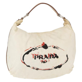 PRADA Shoulder Bag Nylon Beige Silver Auth 156388