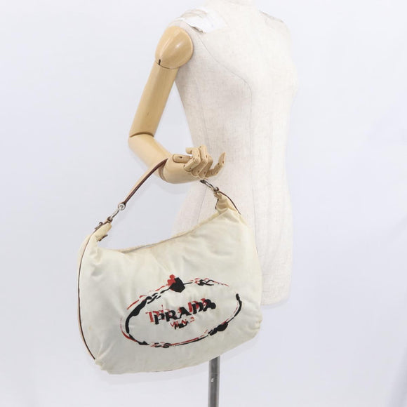 PRADA Shoulder Bag Nylon Beige Silver Auth 156388