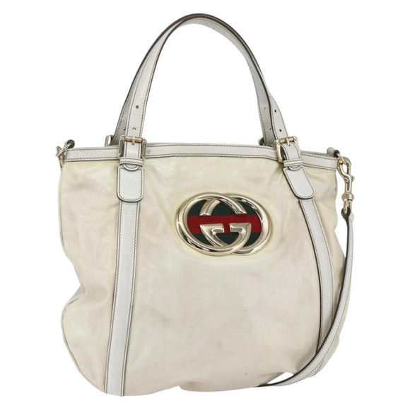 GUCCI Web Sherry Line Britt Bag Coated Canvas 2way White Gold 162886 Auth 156412