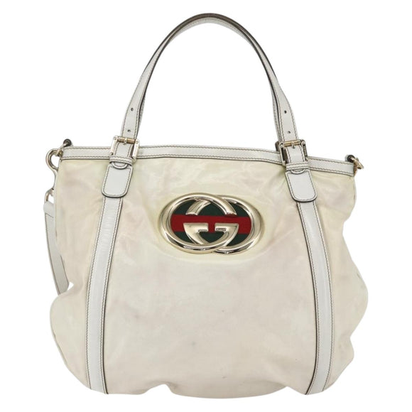GUCCI Web Sherry Line Britt Bag Coated Canvas 2way White Gold 162886 Auth 156412