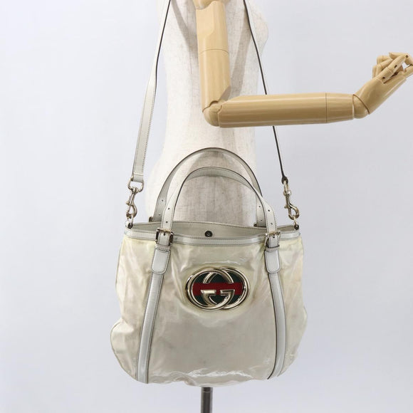 GUCCI Web Sherry Line Britt Bag Coated Canvas 2way White Gold 162886 Auth 156412