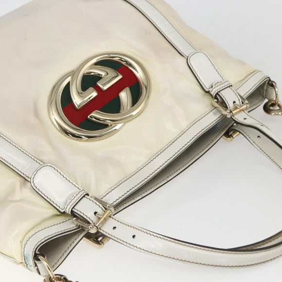 GUCCI Web Sherry Line Britt Bag Coated Canvas 2way White Gold 162886 Auth 156412
