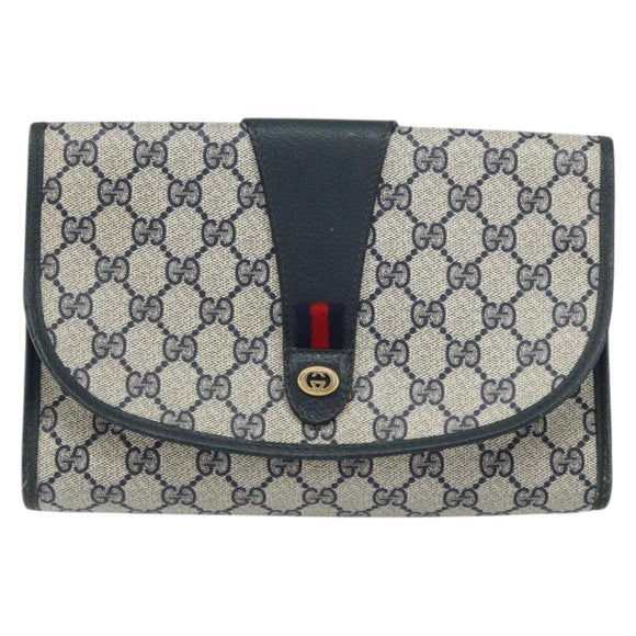 GUCCI GG Supreme Sherry Line Clutch Bag PVC Navy Gold 156 01 030 Auth 156429
