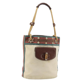 GUCCI Bamboo Shoulder Bag Canvas Beige Gold 141936 Auth 156435