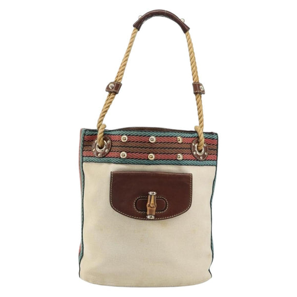GUCCI Bamboo Shoulder Bag Canvas Beige Gold 141936 Auth 156435