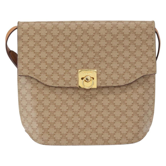 CELINE Macadam Canvas Shoulder Bag PVC Beige Gold Auth 156440