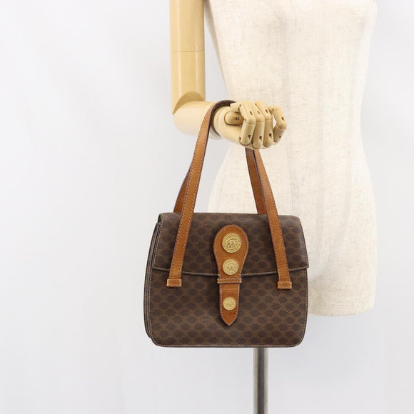 CELINE Macadam Canvas Medallion Hand Bag PVC Leather Brown Gold Auth 156441