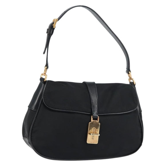 PRADA Shoulder Bag Nylon Black Gold Auth 156452