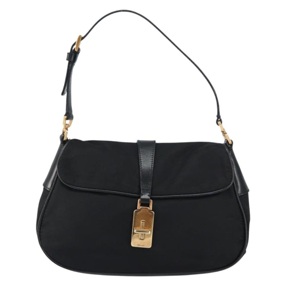 PRADA Shoulder Bag Nylon Black Gold Auth 156452