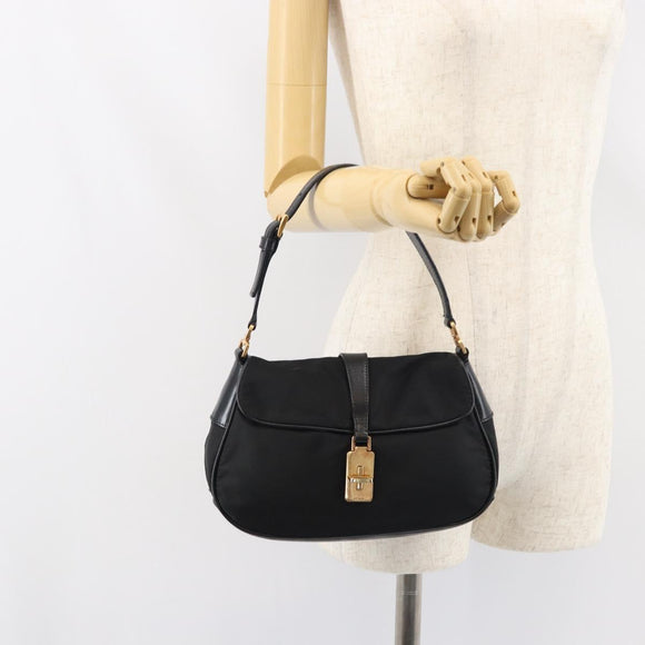 PRADA Shoulder Bag Nylon Black Gold Auth 156452