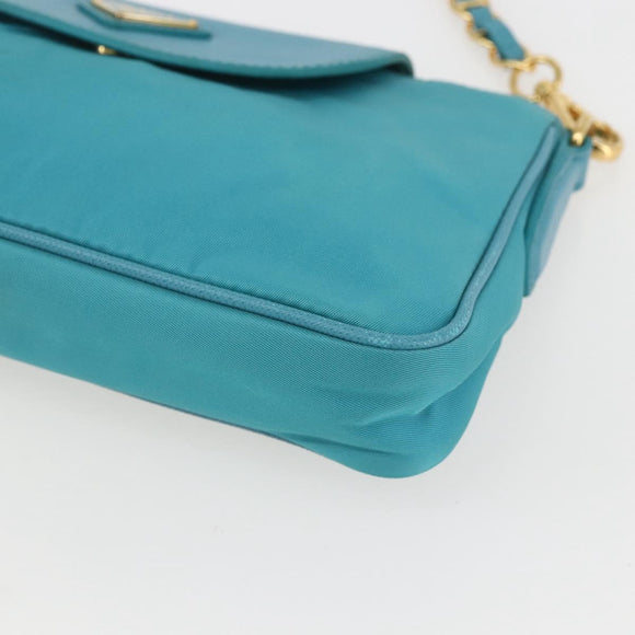PRADA Chain Shoulder Bag Nylon Turquoise Blue Gold Auth 156453V