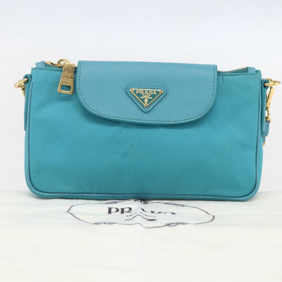 PRADA Chain Shoulder Bag Nylon Turquoise Blue Gold Auth 156453V