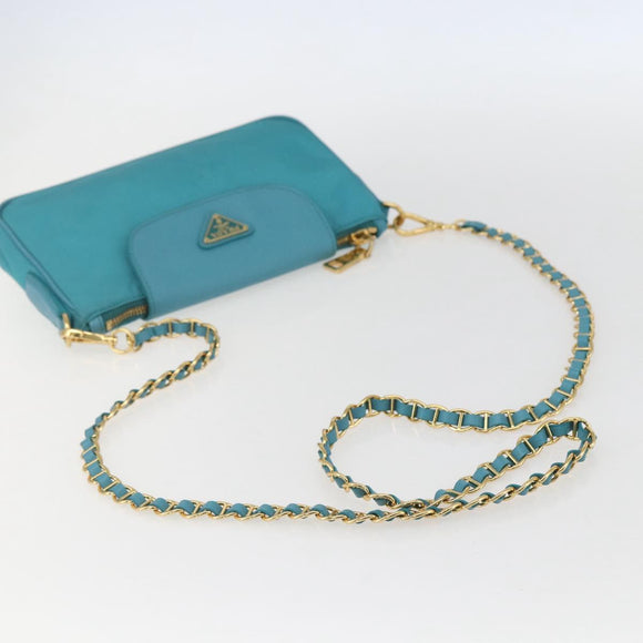 PRADA Chain Shoulder Bag Nylon Turquoise Blue Gold Auth 156453V