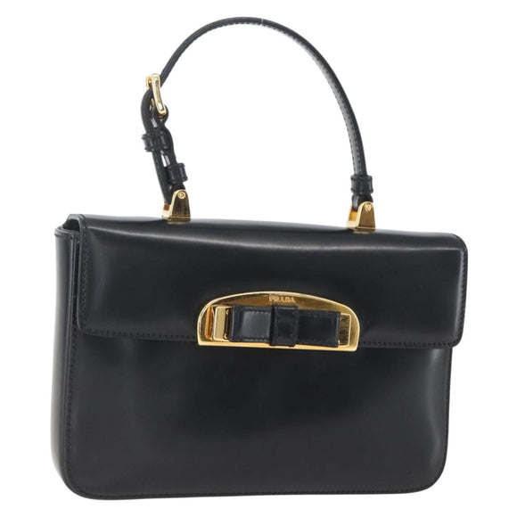 PRADA Hand Bag Leather Black Gold Auth 156455V