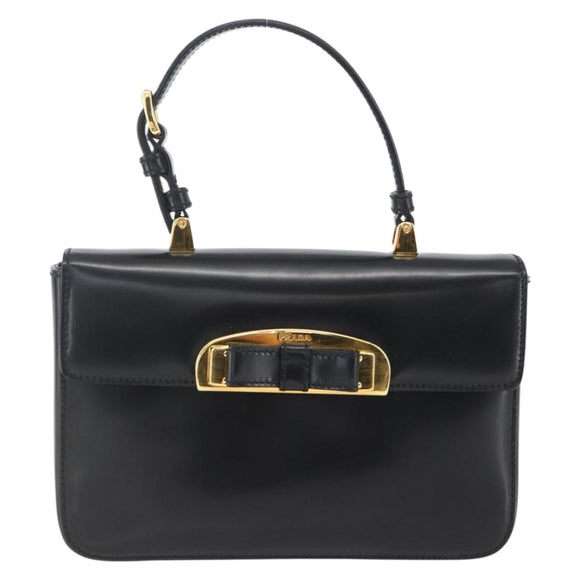 PRADA Hand Bag Leather Black Gold Auth 156455V
