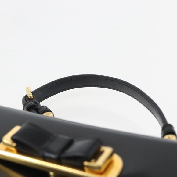 PRADA Hand Bag Leather Black Gold Auth 156455V