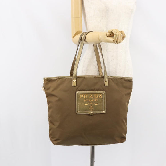 PRADA Tote Bag Nylon Brown Gold Auth 156457