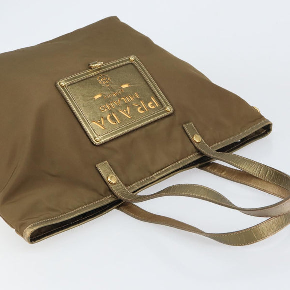 PRADA Tote Bag Nylon Brown Gold Auth 156457