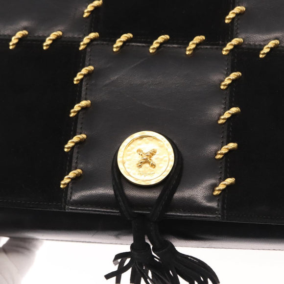 Salvatore Ferragamo Gancini Shoulder Bag Suede Leather Black Gold Auth 156462