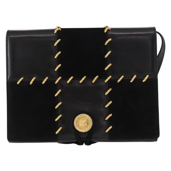 Salvatore Ferragamo Gancini Shoulder Bag Suede Leather Black Gold Auth 156462